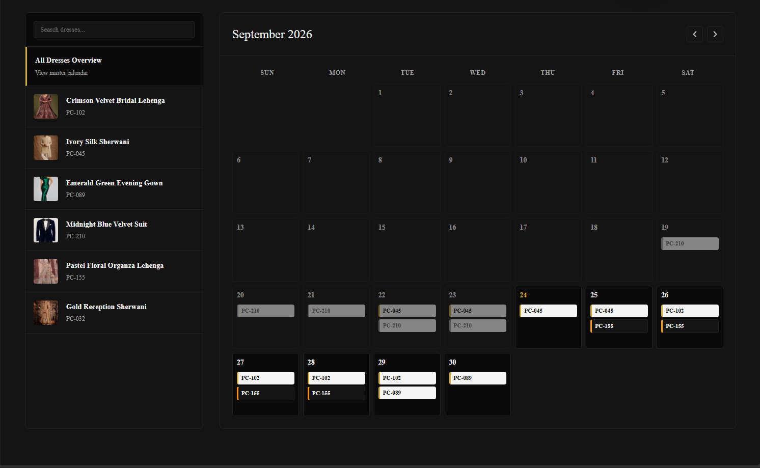Availability calendar in dark mode