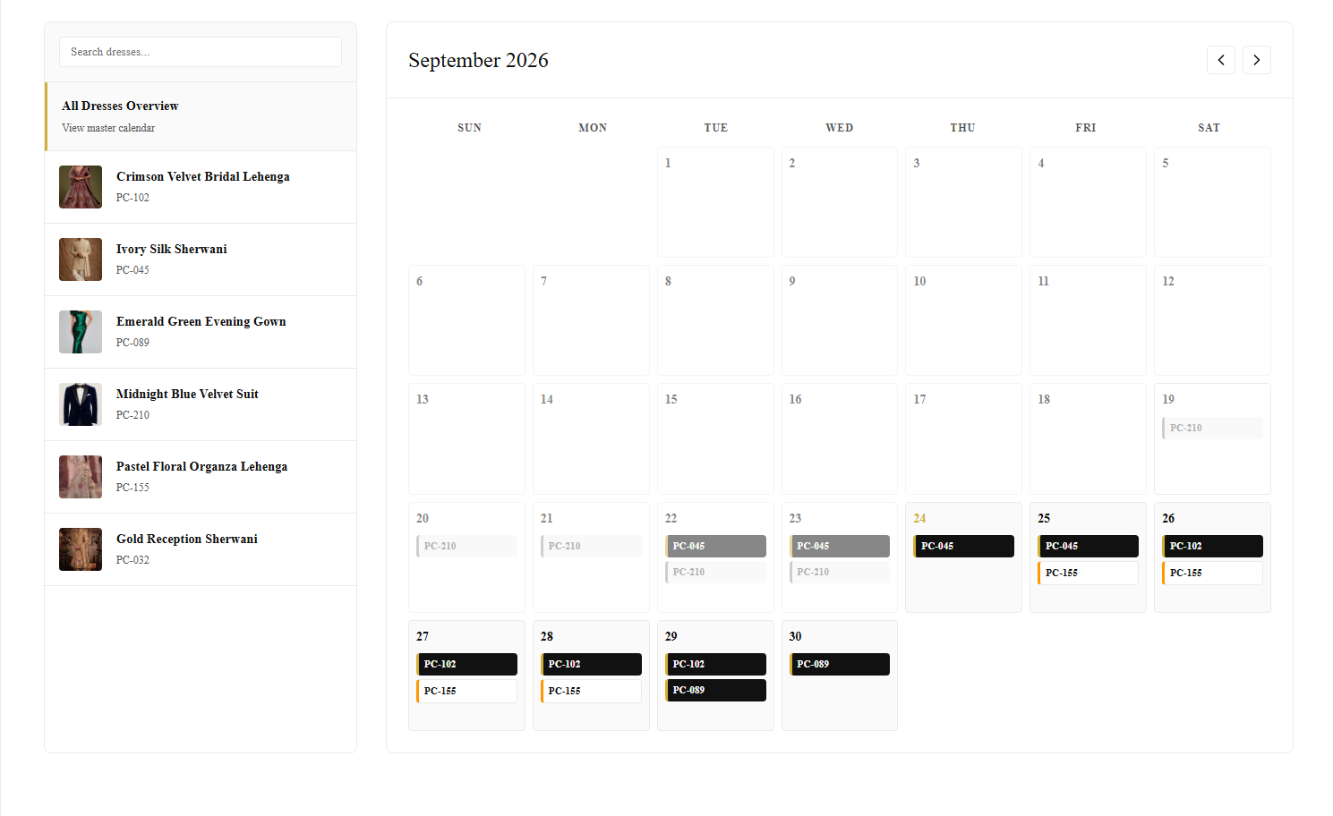 Availability calendar showing booked and open dates for a rental piece