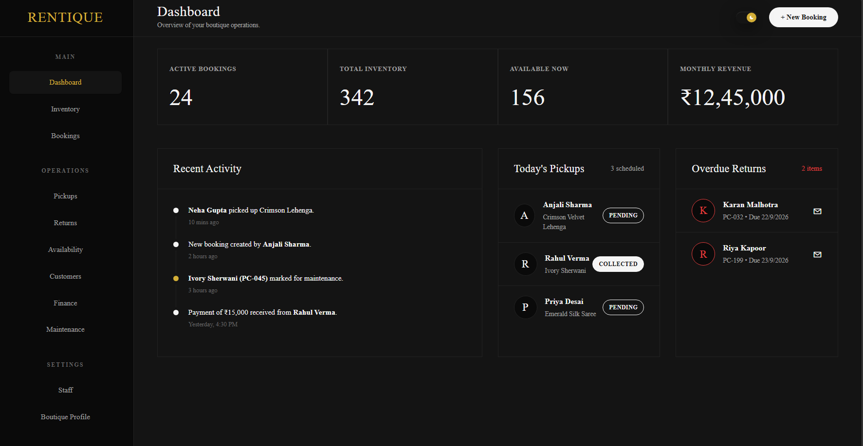 Rentake dashboard in dark mode showing today's pickups, returns, and revenue