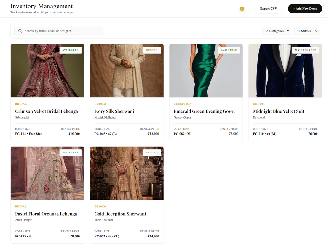 Inventory management screen listing rental pieces with status badges