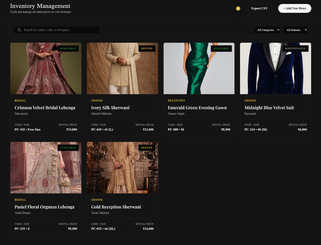 Inventory management screen in dark mode